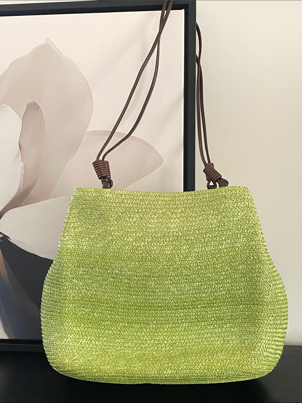 Vintage 90’s St. John’s Bay Lime Green Straw Bag With Leather and Wood Straps